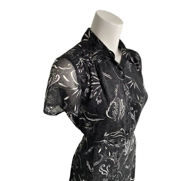 SAG HARBOR Black White Floral 2‎ Pc Button Down Top MP & A Line Skirt 6P Petite - Picture 2 of 10